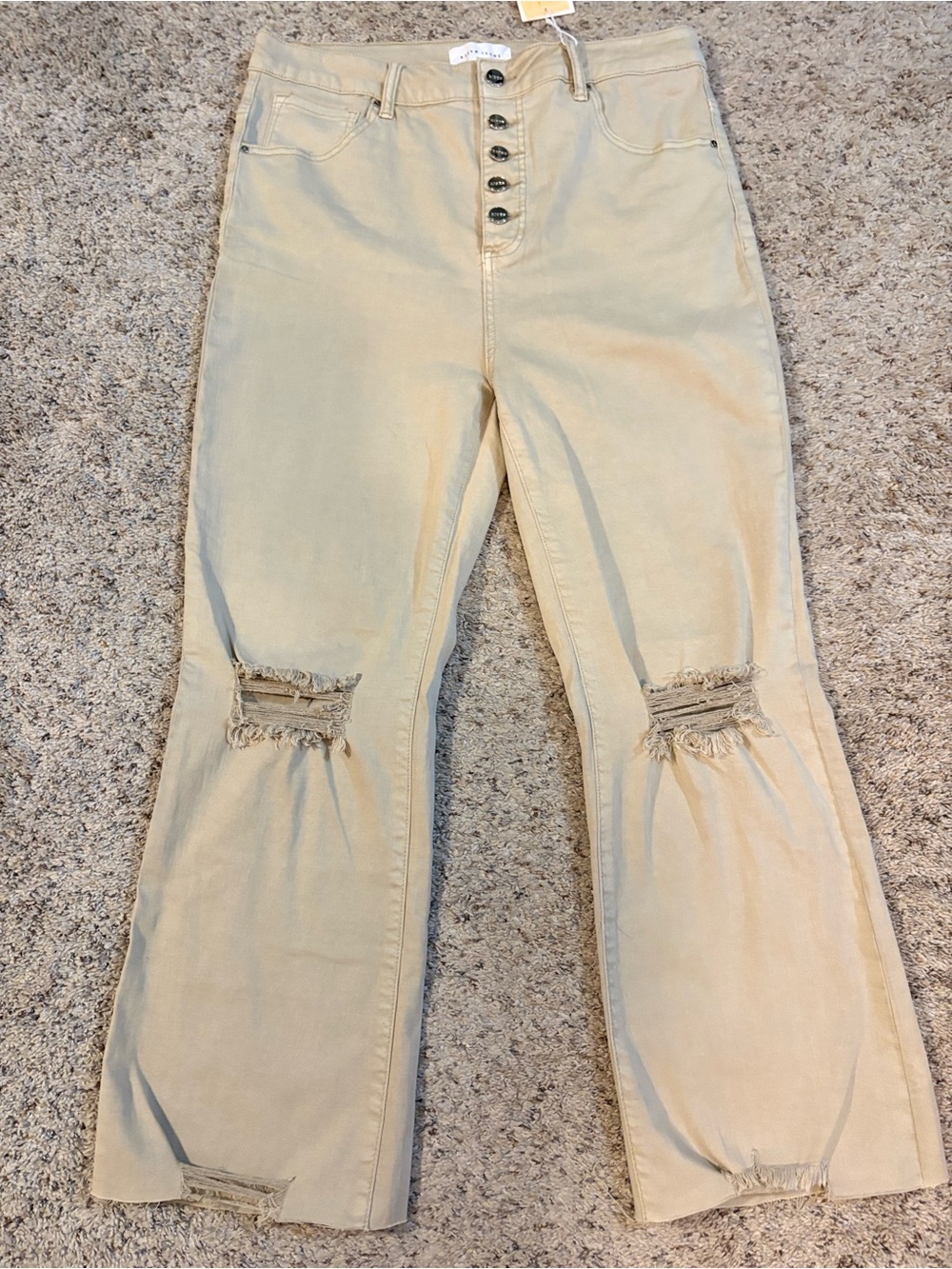 Risen Khaki Hi-Rise Straight-Leg Women's Ankle Jeans Distressed Knees 1X NWT
